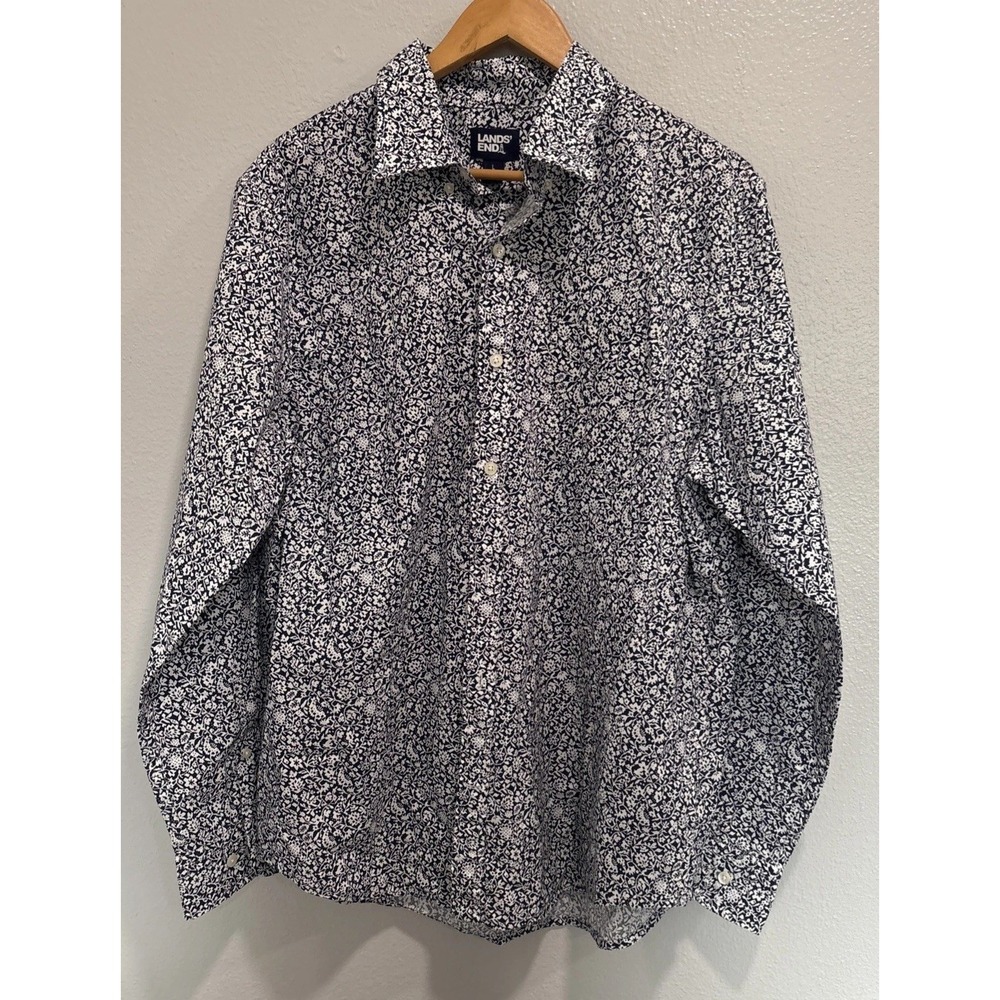 Land's End Men's Button Front Shirt Sz L  Flower Print 16-16.5 Long Sleeve